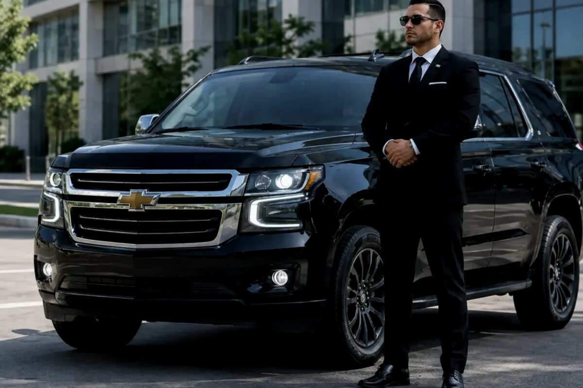 Agente de seguridad junto a una SUV blindada negra